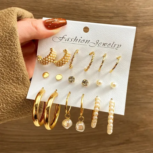 Trendy Multi Pearl Design Hoop Earring Set (9 Pairs)